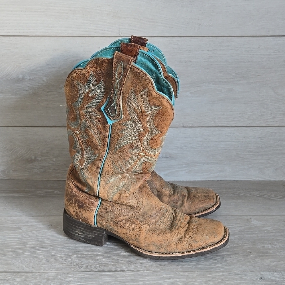 Ariat Women 10008017 Brown & Teal Western Boots Square Toe Shoes Sz 9b